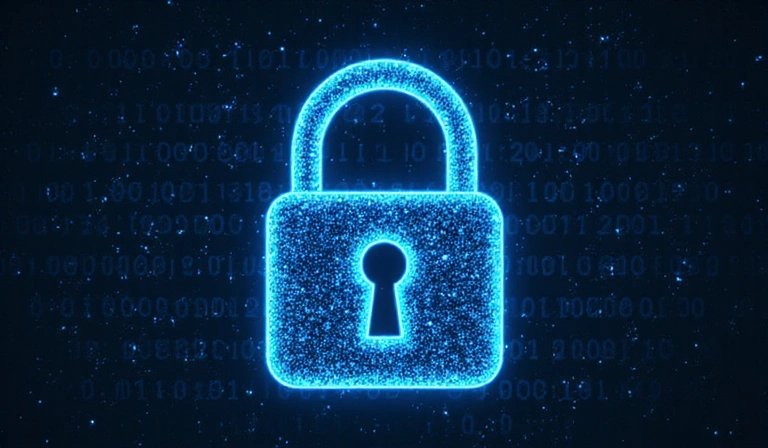 Immagine raffigurante la sicurezza dei dati, con un lucchetto digitale su uno sfondo di codice binario.