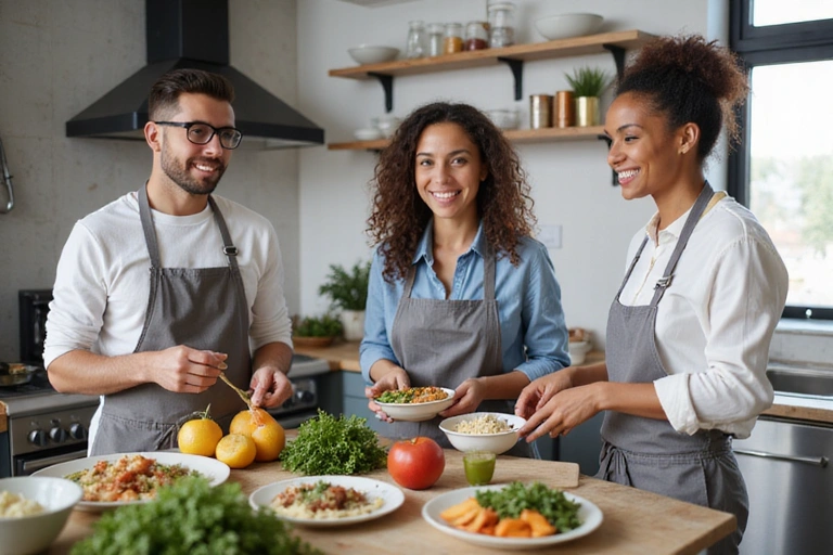 Persone che cucinano insieme in un ambiente moderno e pulito