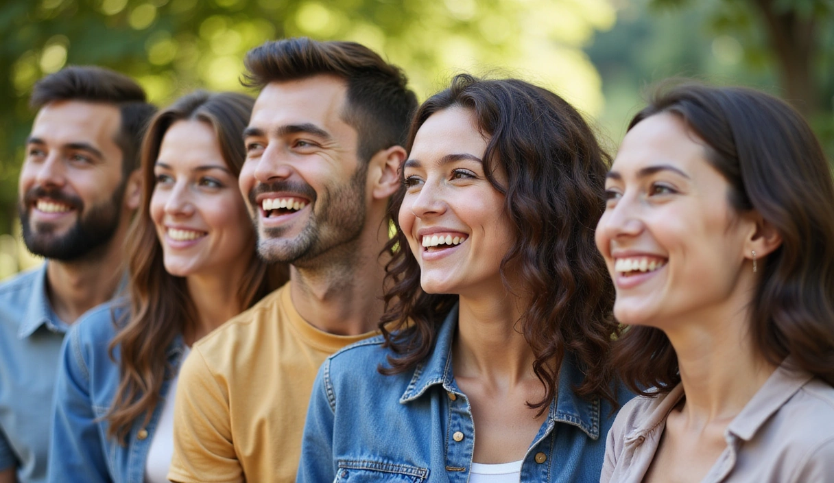 Diverse persone sorridenti e dall'aspetto sano, in un ambiente naturale e positivo